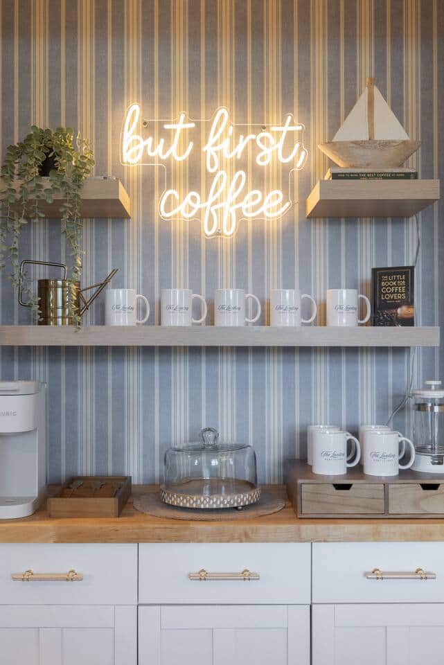 The Coffee Bar is a highlight at The Landing. With a french press, Keurig, and nespresso machine - along with a welcome pack of coffee pods - you will enjoy waking up with a freshly brewed cup while enjoying the peaceful views. The Coffee Bar is a highlight at The Landing. With a french press, Keurig, and nespresso machine - along with a welcome pack of coffee pods - you will enjoy waking up with a freshly brewed cup while enjoying the peaceful views.