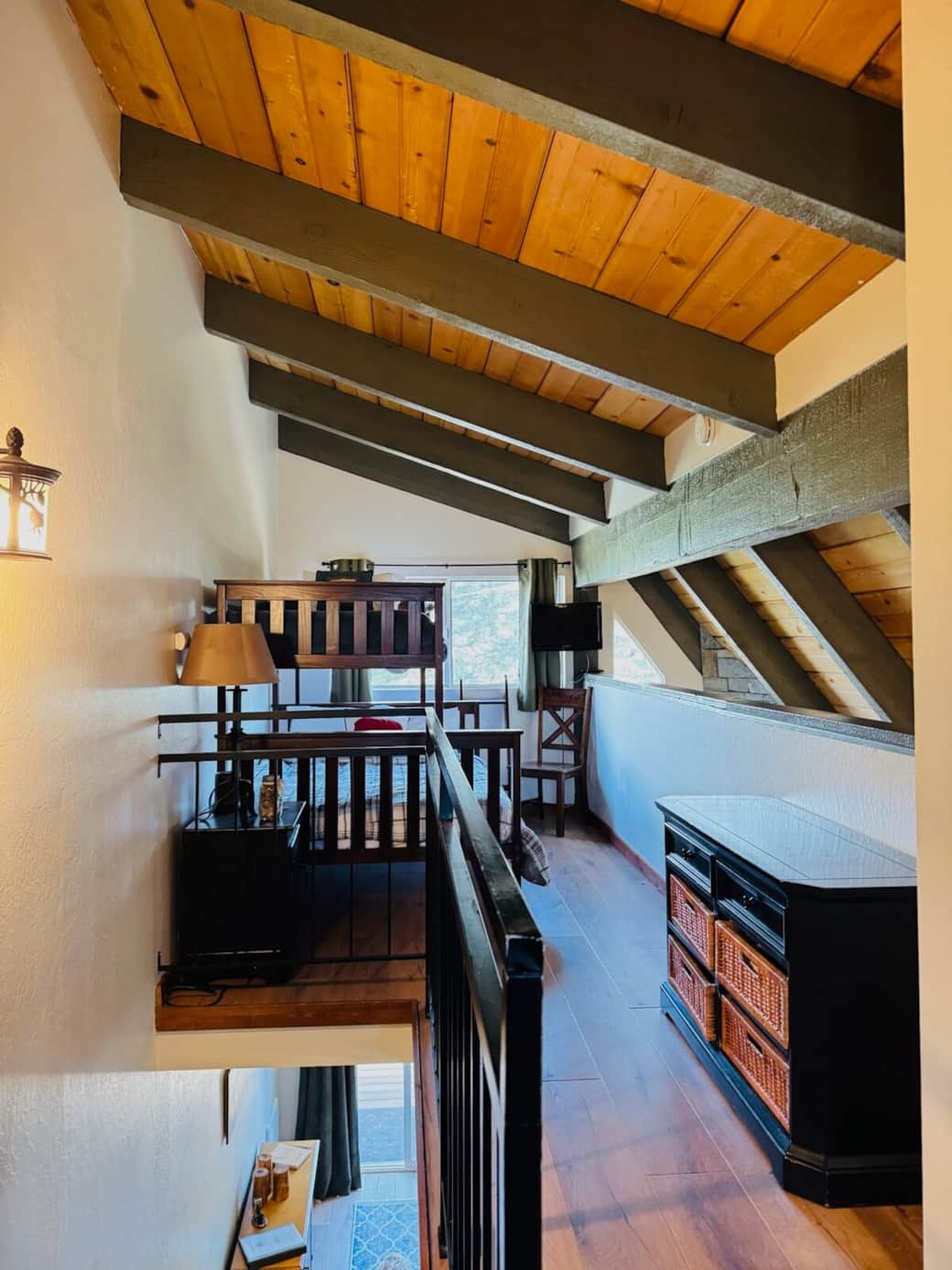 Loft with twin over full bunk bed, full bathroom, and beautiful view of the Sherwin Mountains