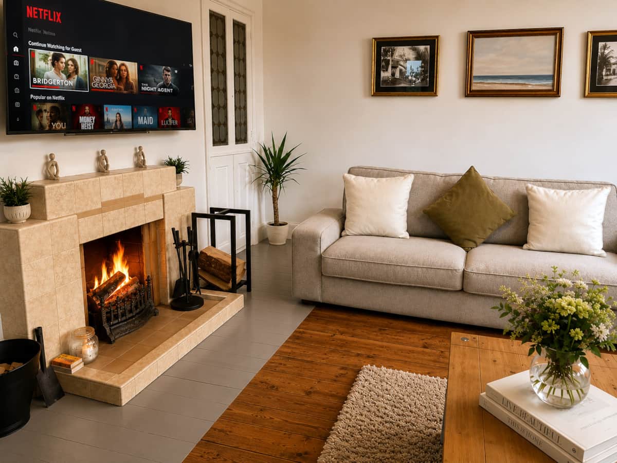 Wood-burning fire beside the sofa in the living room of this Portree holiday house.