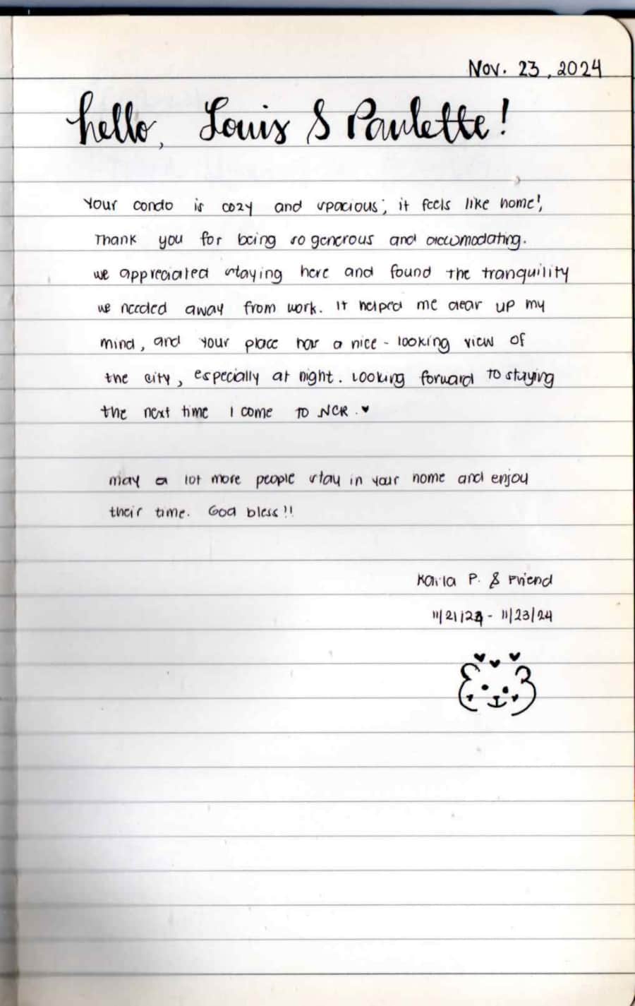 Handwritten guest note from Raya P09 guest book