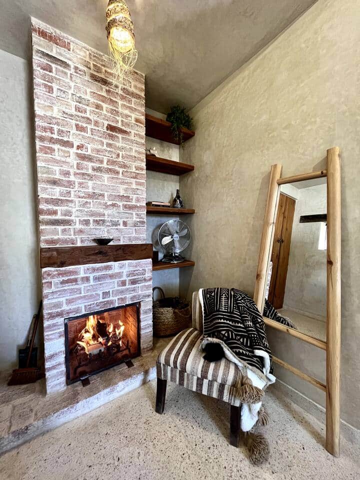 Gatehouse Studio living space and cosy fire Kaouki Hill Sidi Kaouki Essaouira