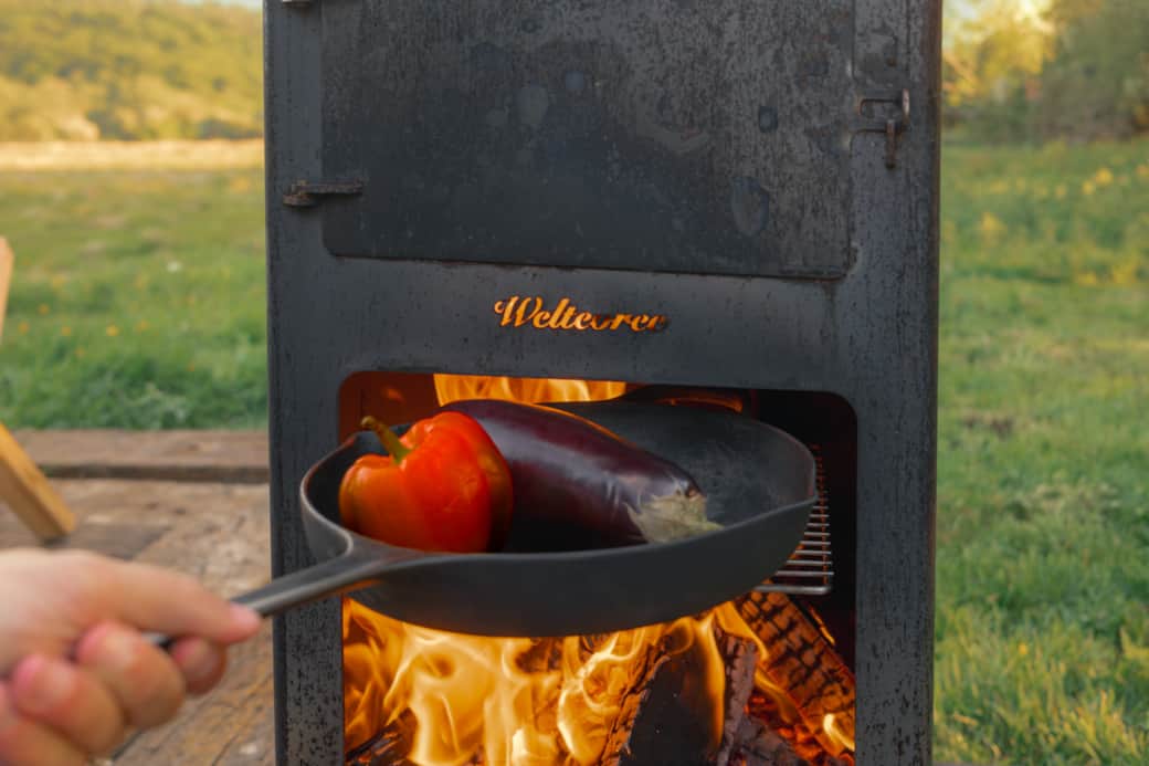 Outdoor fire cooking pepper aubergine wicklow meadow