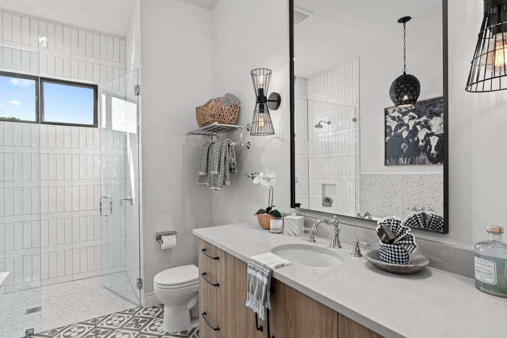 Full bathroom with modern farmhouse finishes 