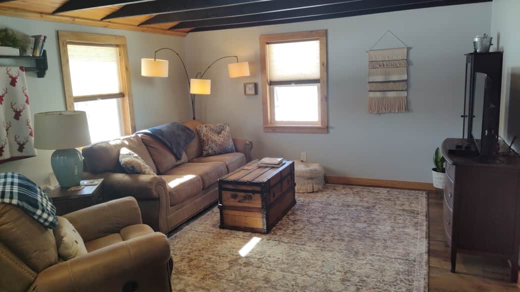 Living Room, comfy sofa, matching recliner, smart tv, dvd player Living Room, comfy sofa, matching recliner, smart tv, dvd player