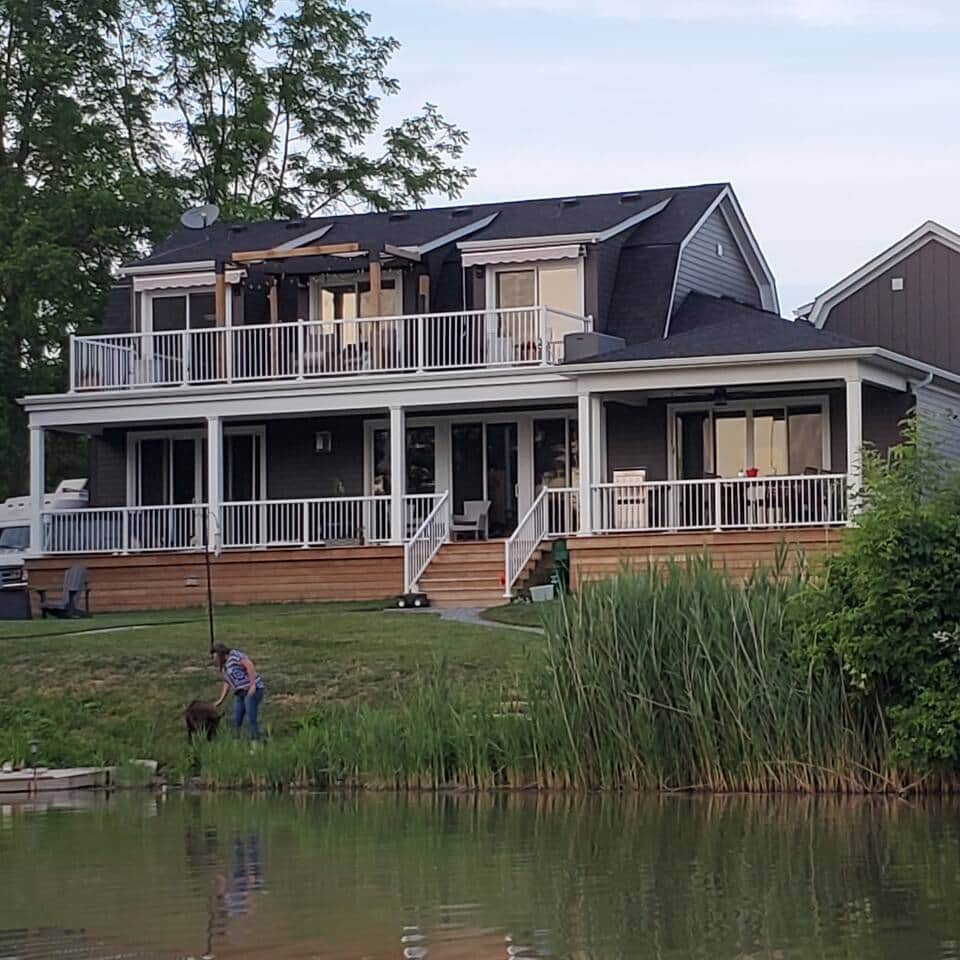 Tranquility and Serenity balcony's are on the upper floor.  We have since built a cantilevered deck over the dock