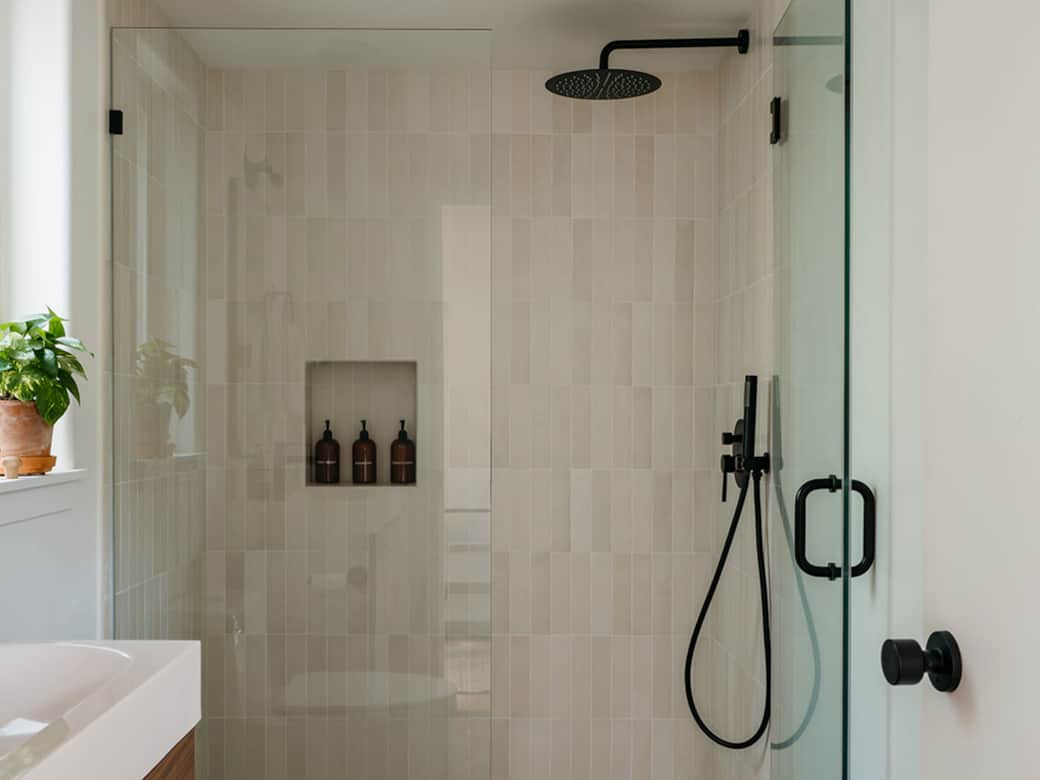 Modern bathroom with rain shower and heater floors Modern bathroom with rain shower and heater floors