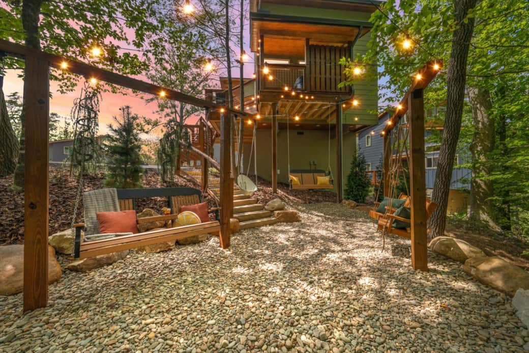 Enjoy four adult swings and two children swings in a private space among a canopy of trees Enjoy four adult swings and two children swings in a private space among a canopy of trees