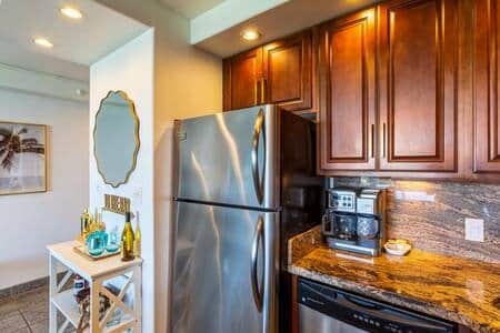 Granite counter tops, Crux coffee maker and bar area.