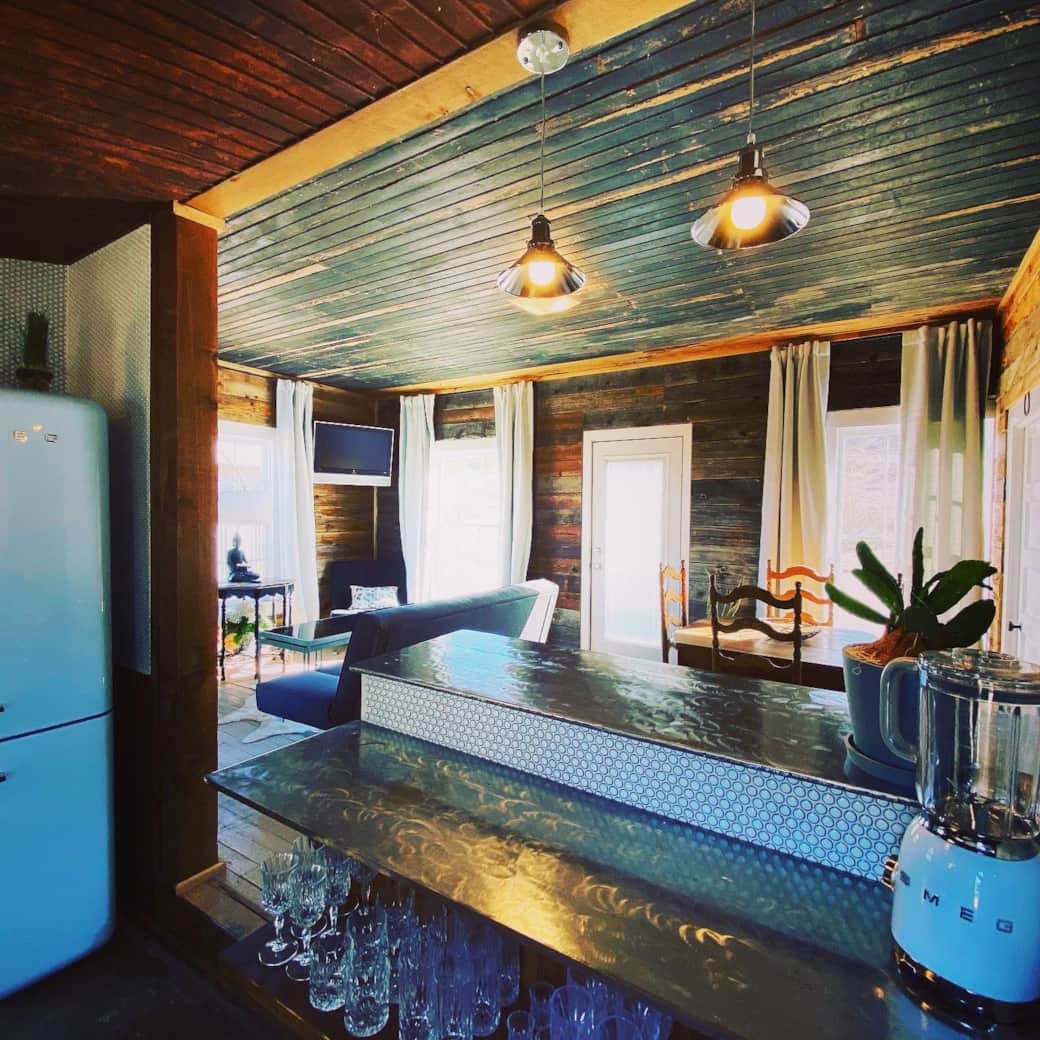 South Casita Bar & Living Room Featuring Custom Metal Bar Tops, Vintage Interior, & SMEG Applianecs South Casita Bar & Living Room Featuring Custom Metal Bar Tops, Vintage Interior, & SMEG Applianecs