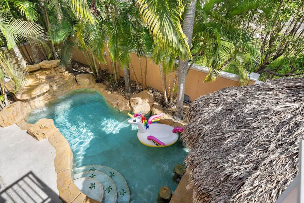 Aerial view of the pool & tiki hut Aerial view of the pool & tiki hut