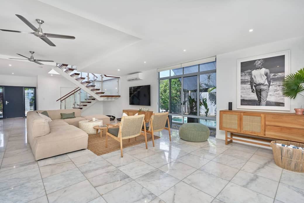 huge living, 75" Smart TV, sound system,  outdoor area