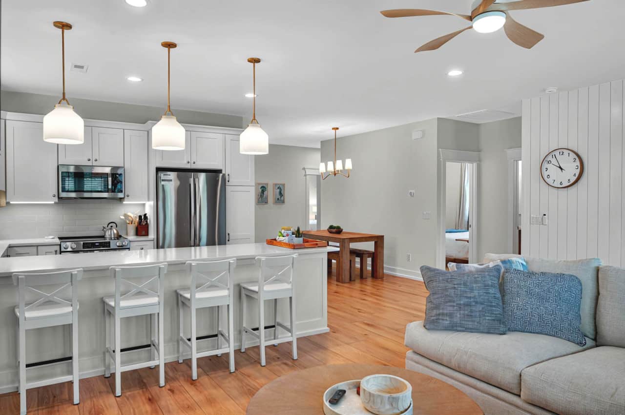 Make yourselves at home in the great room, which includes the kitchen, living room and dining area.