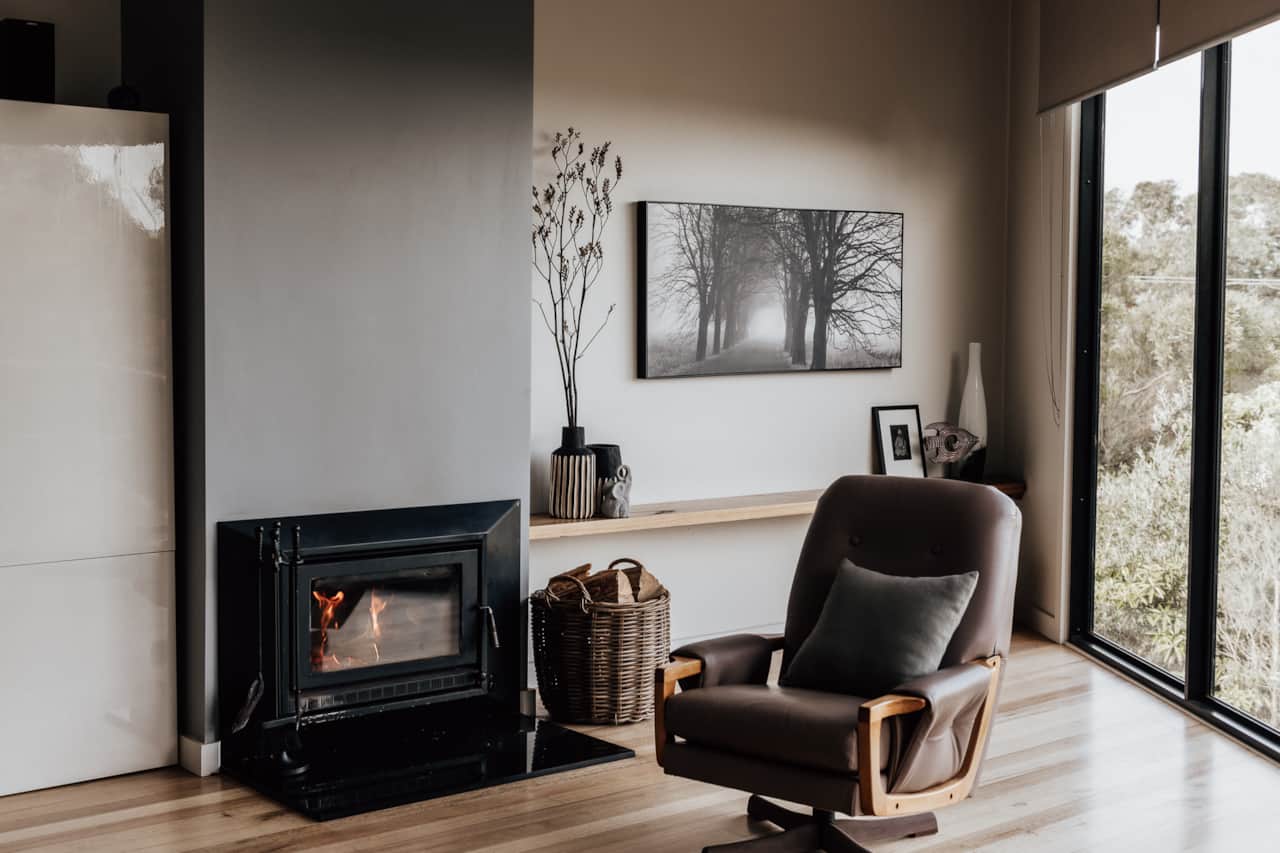 Shearwater upstairs lounge with wood heater, Walkerville, sea views, all-season retreat