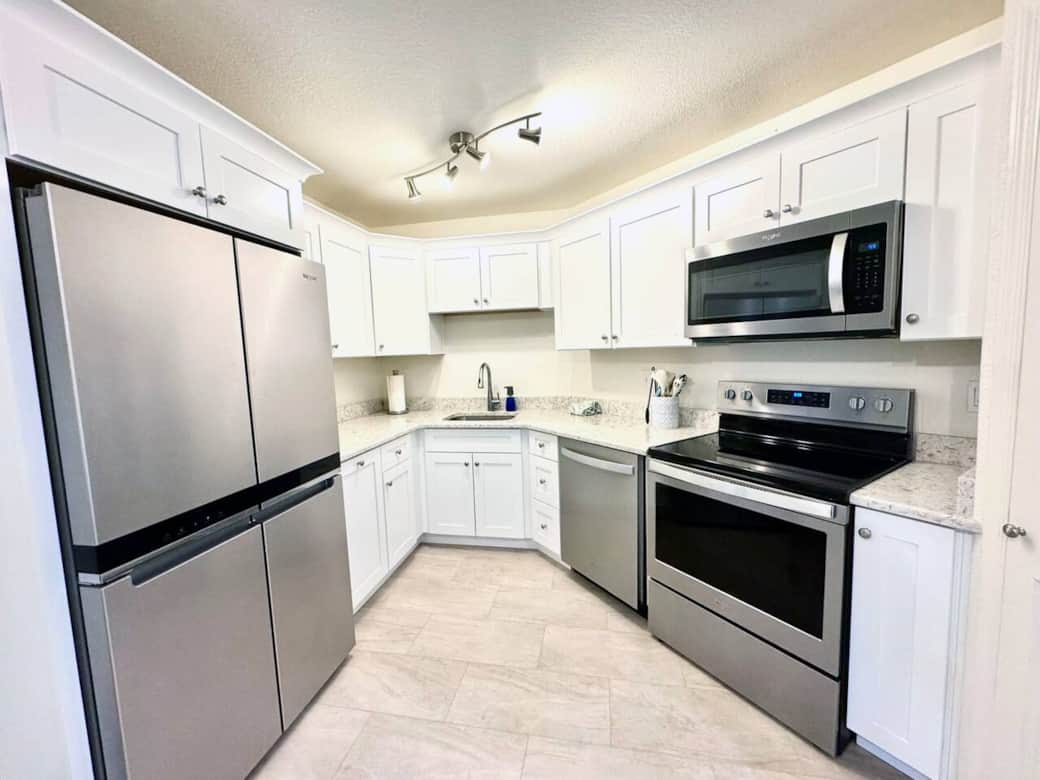 Newly renovated kitchen has all you need to prepare a meal, have a glass of wine or dine on take out. Newly renovated kitchen has all you need to prepare a meal, have a glass of wine or dine on take out.