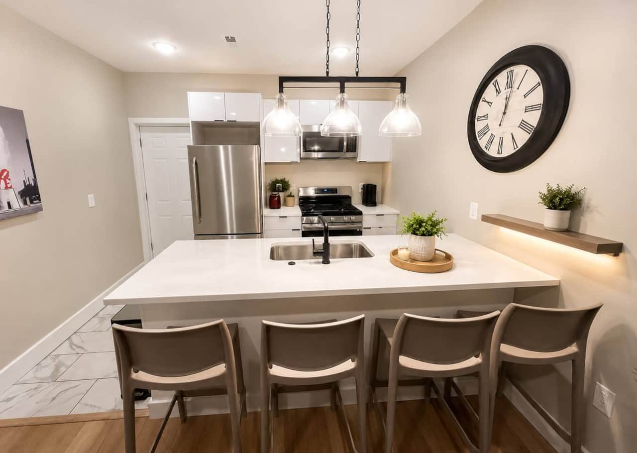 Modern, fully equipped kitchen featuring a spacious island with seating for four, stainless-steel appliances, plenty of counter space, and a convenient door leading directly to the backyard.