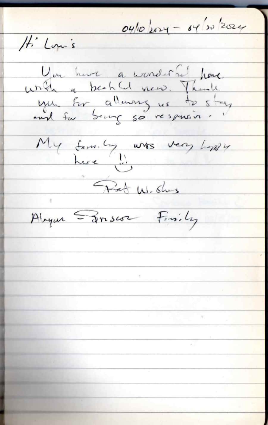 Handwritten guest note from Raya P09 guest book