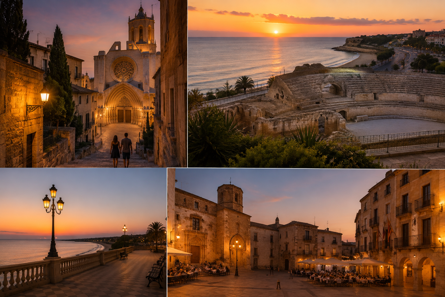 Tarragona at sunset with the Cathedral, Roman Amphitheatre, Mediterranean Sea and illuminated historic streets