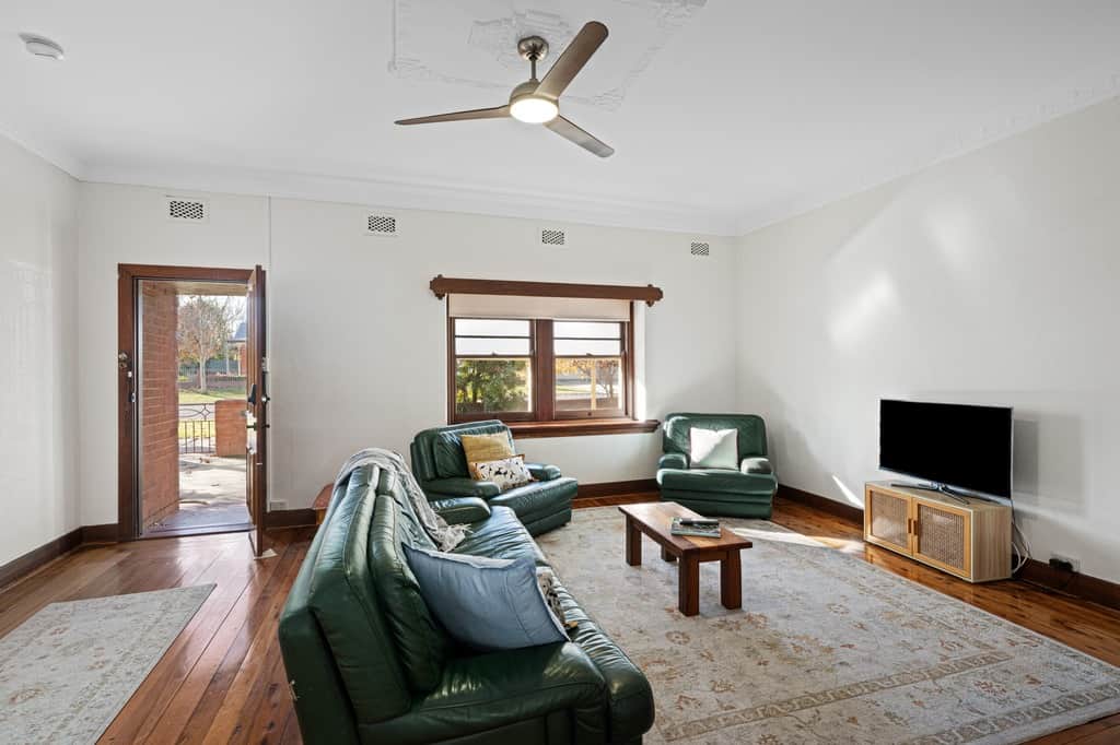 Couches, coffee table and a 42" Samsung Smart TV with WiFi and Google Chromecast Connected.
