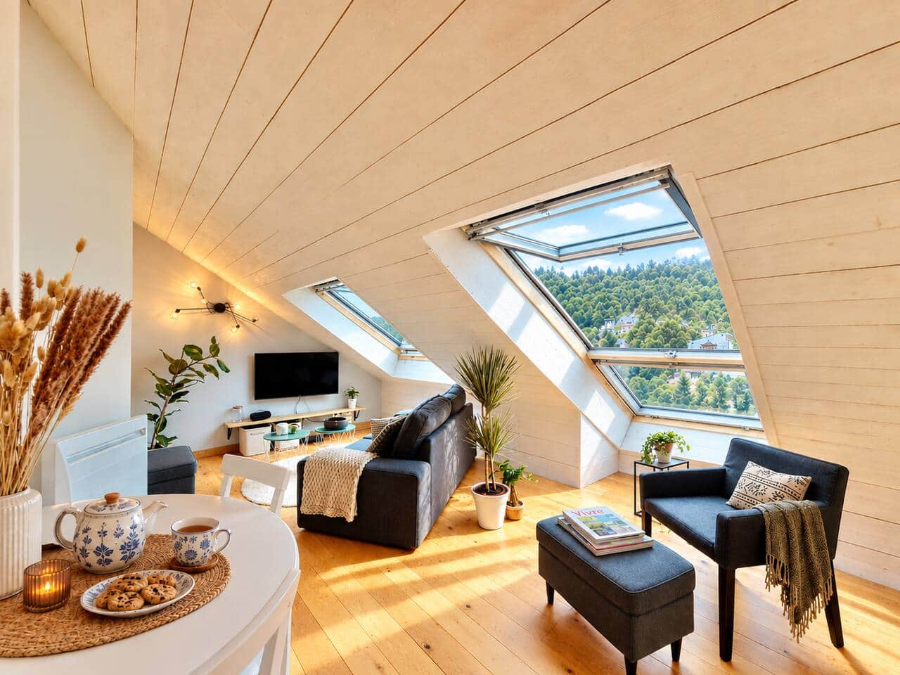 Salon lumineux et chaleureux de l'appartement Le Nid au centre du Mont-Dore.