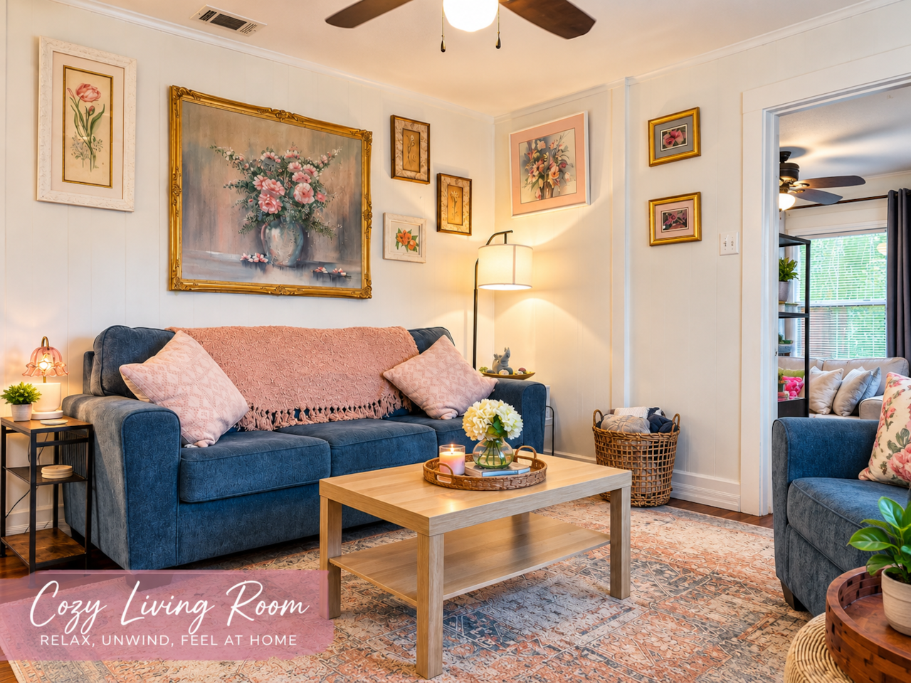 Cozy cottage charm with comfortable seating for couples, families, and friends.
