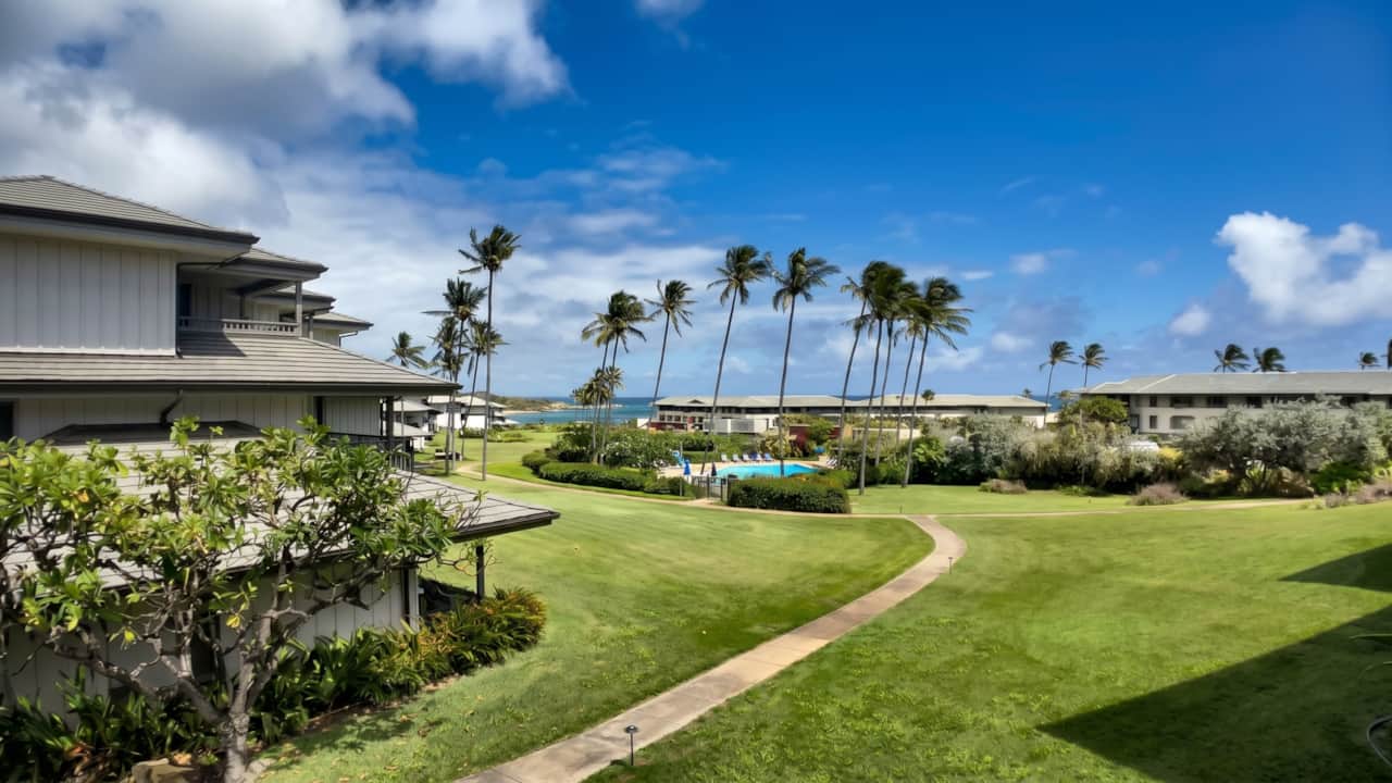 Sweeping tropical views overlooking the landscaped grounds, pool, palm trees, and ocean beyond.