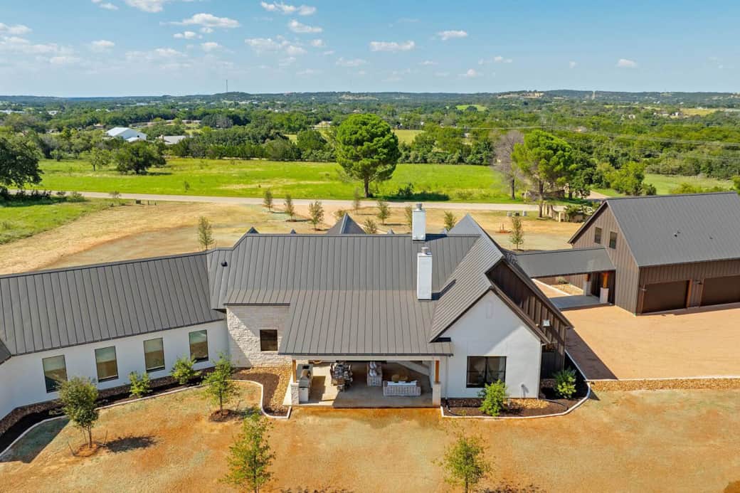 Birds eye view of the back side of the Calivence Haus highlighting back yard area