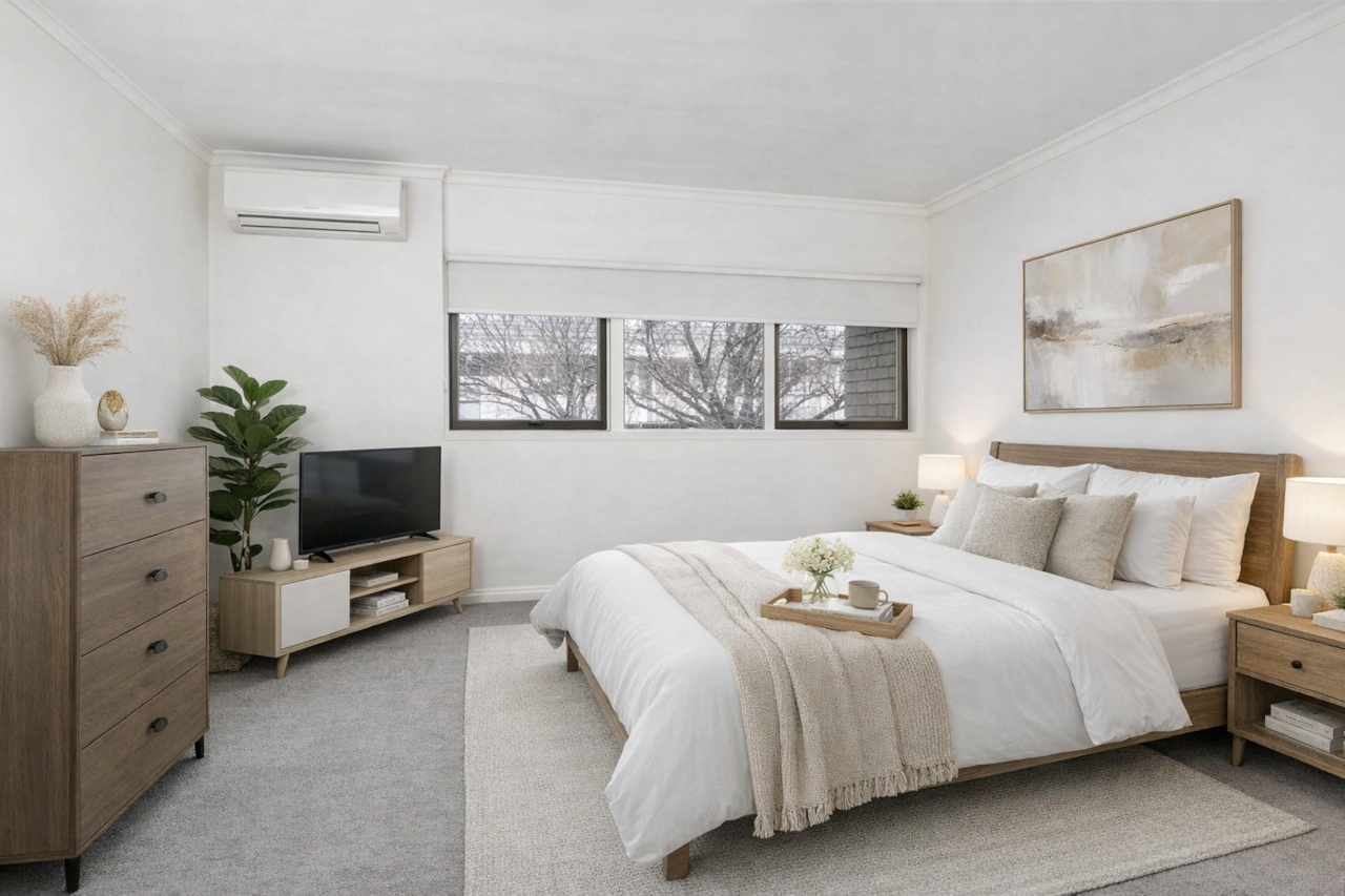 Room 1: Luxurious king bedroom with neutral tones, soft light, and workspace, perfect for relaxation and extended stays