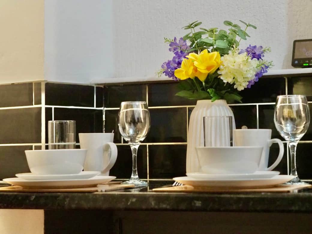 Cutlery, plate and bowl set including mugs, glasses and wine glasses available for 4 people Cutlery, plate and bowl set including mugs, glasses and wine glasses available for 4 people