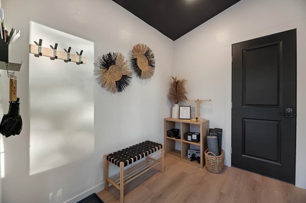 Interior of shed - yoga equipment, game, portable speaker