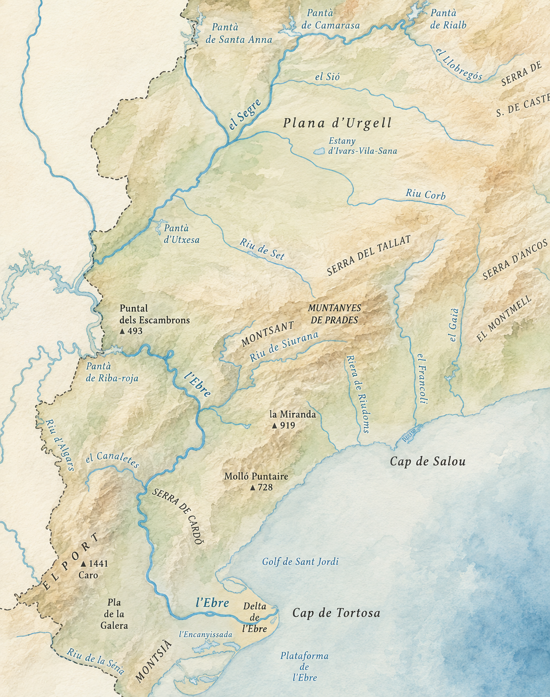 Relief, mountains and main rivers between Tarragona and Lleida