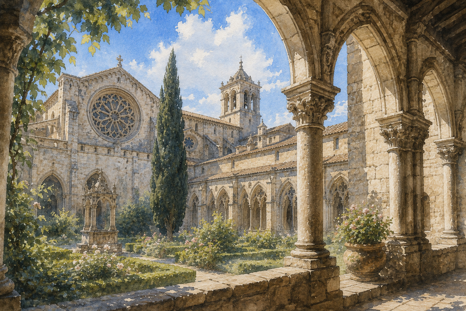 Watercolour view of Santes Creus monastery
