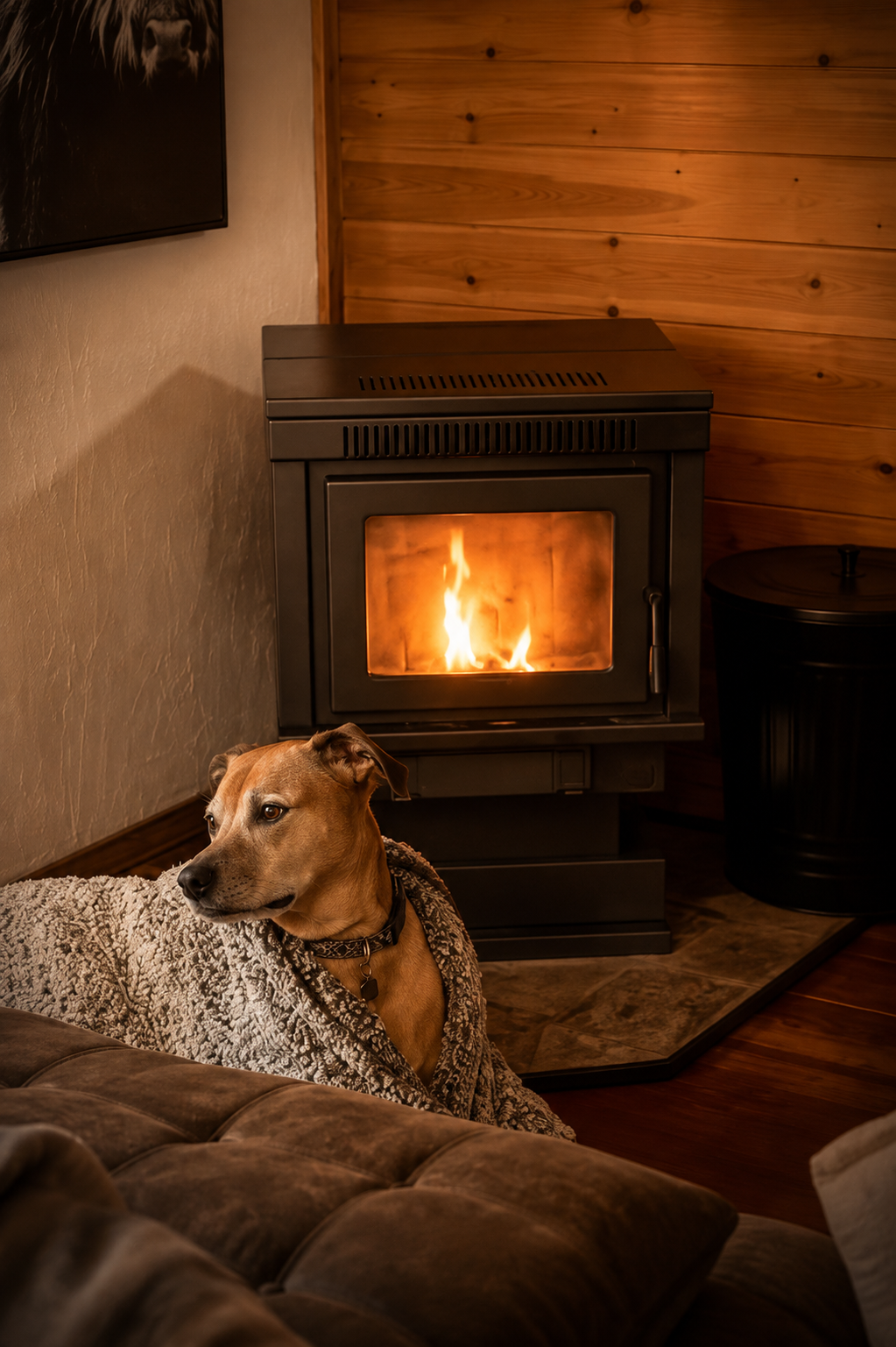 Dog relaxing by pellet stove in pet-friendly mountain cabin