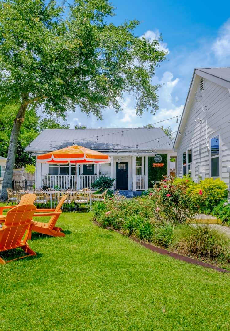 The gated courtyard and ten person gathering table