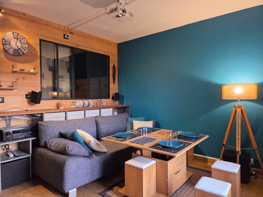 A bright living room with plenty of storage space