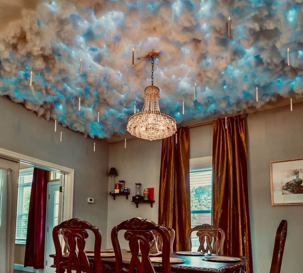 The Enchanted Ceiling is very magical. The clouds light up with one switch next to the door that also turns on the antique chandelier. The floating candles are magically turned on with the wand remote. The Enchanted Ceiling is very magical. The clouds light up with one switch next to the door that also turns on the antique chandelier. The floating candles are magically turned on with the wand remote.