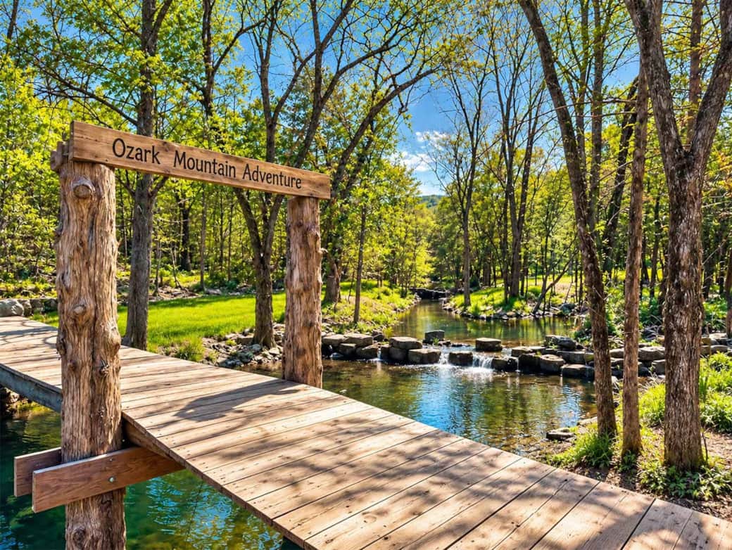 Creek and wooden bridge at Ozark Mountain Adventure