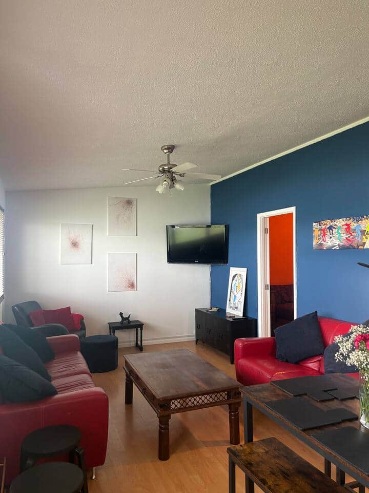 Your main living area, looking out to the communal green space 