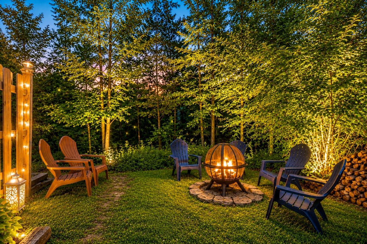 Gather around the fire pit beneath the trees and evening sky