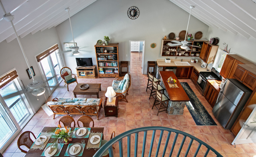 View of the main living area from the top of spiral staircase
