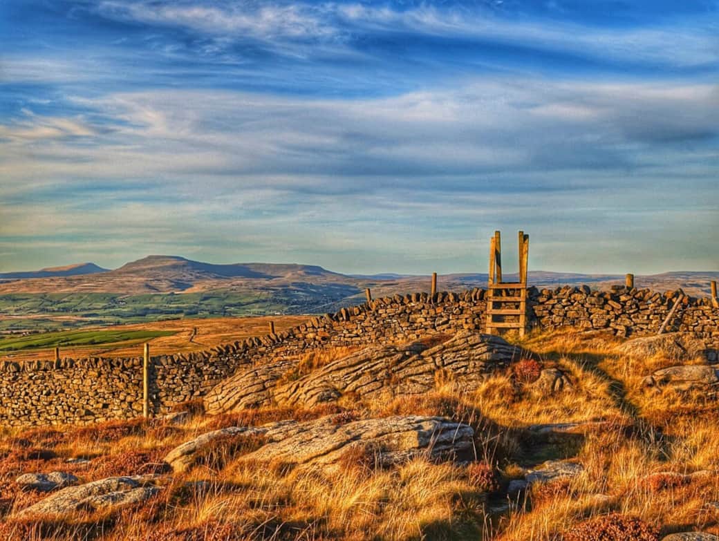 You follow the path over the stone wall and pause at the top. Golden light on the hills, dry stone walls stretching ahead, and miles of open countryside to wander.