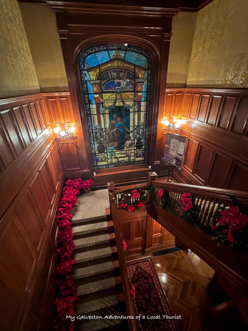 Moody Mansion in Galveston decorated for Christmas with holiday garlands and lights
