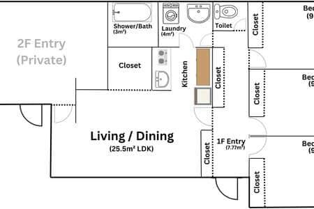 Floor plan showing spacious 25.5m² living and dining area