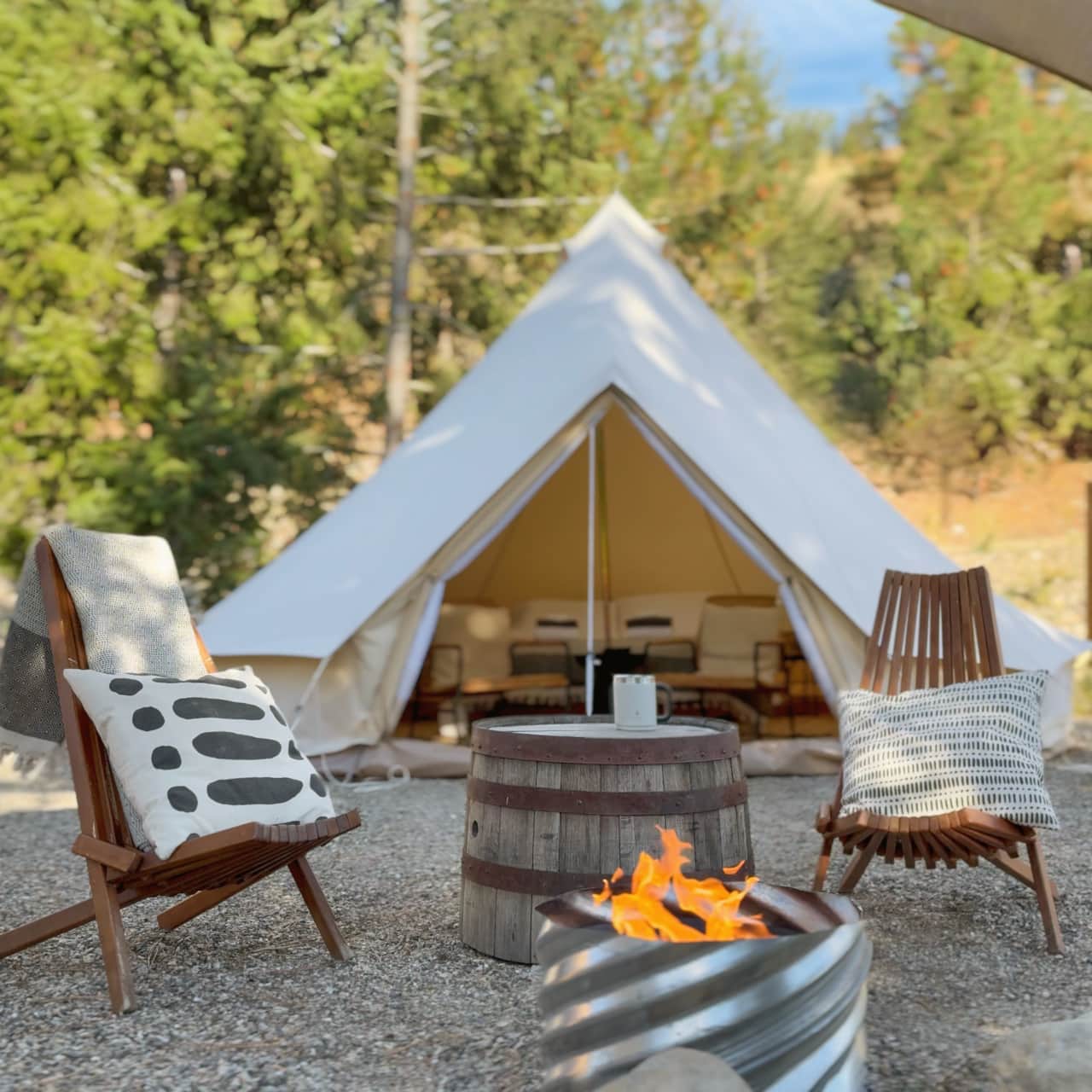 Tent 01 outdoor seating and firepit.