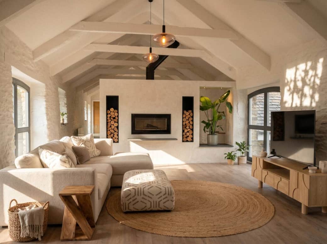 Actual photo of the room with CGI furnishings added to show the intended finished interior. All furniture, styling and layouts shown are the real items being installed as part of the current fit-out, due for completion July 2026.