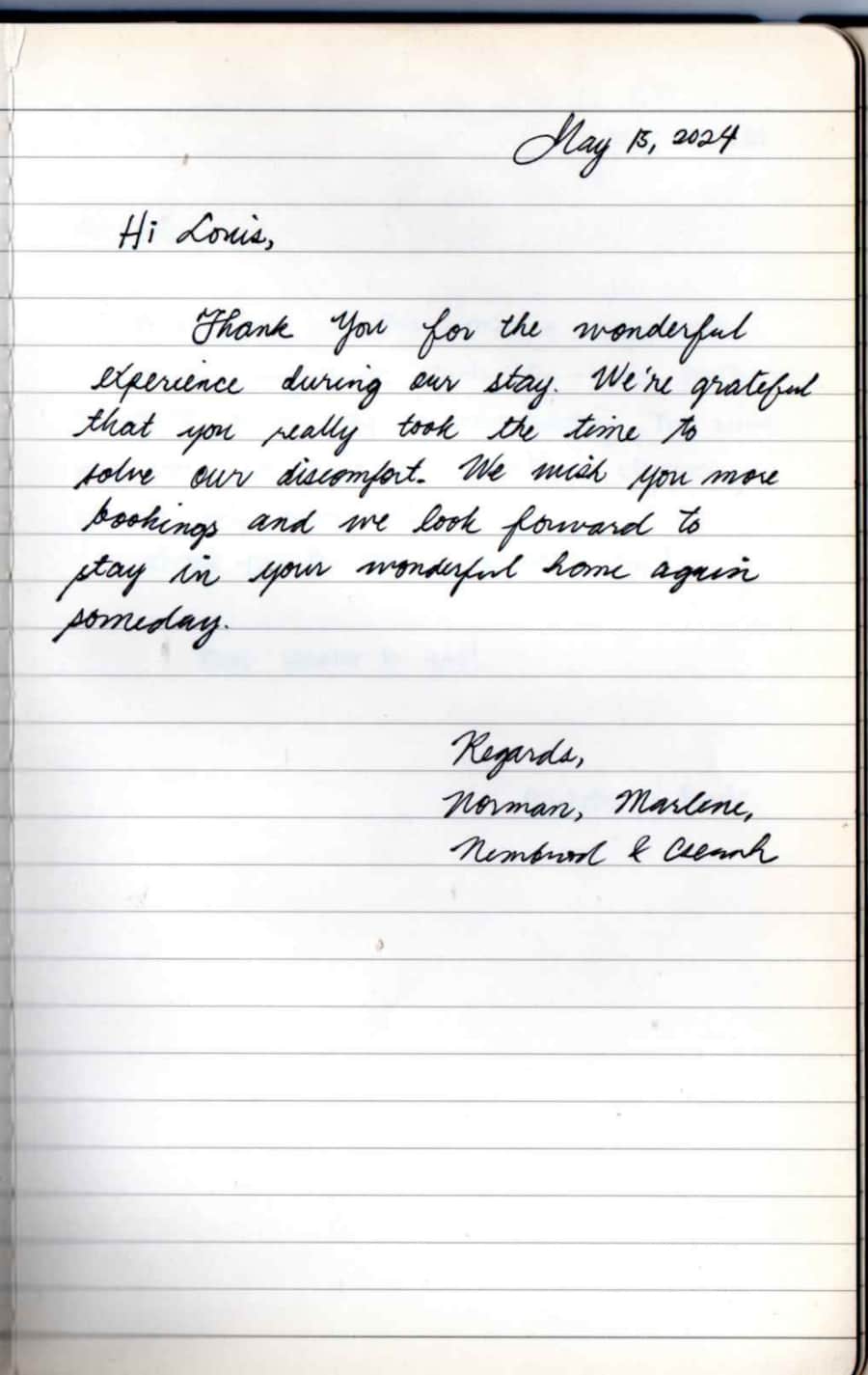 Handwritten guest note from Raya P09 guest book