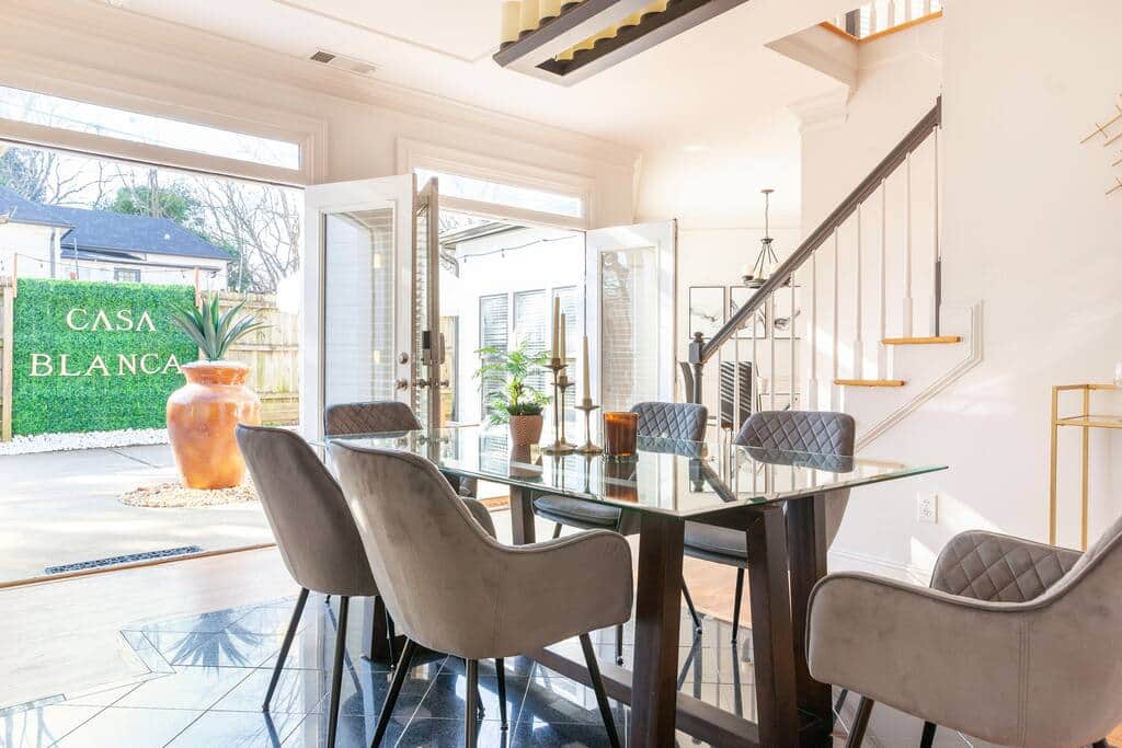 French doors in our dining room opens to allow the outside in. Bon Appétit!