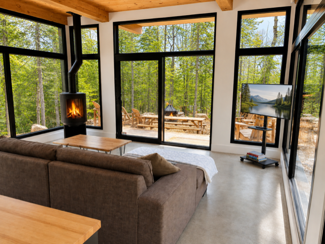 Living room with TV and fireplace