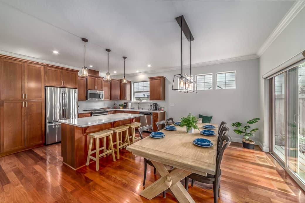 Dining table - bench available against wall for large groups or approved gatherings.