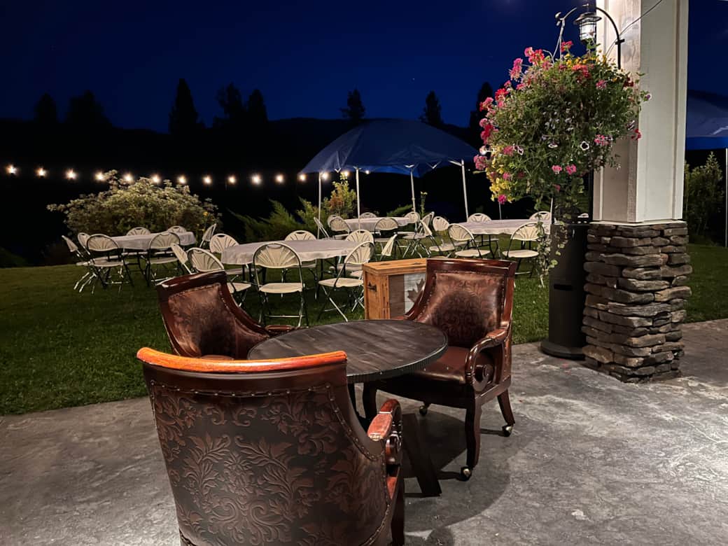 Patio & string lights & reception tables