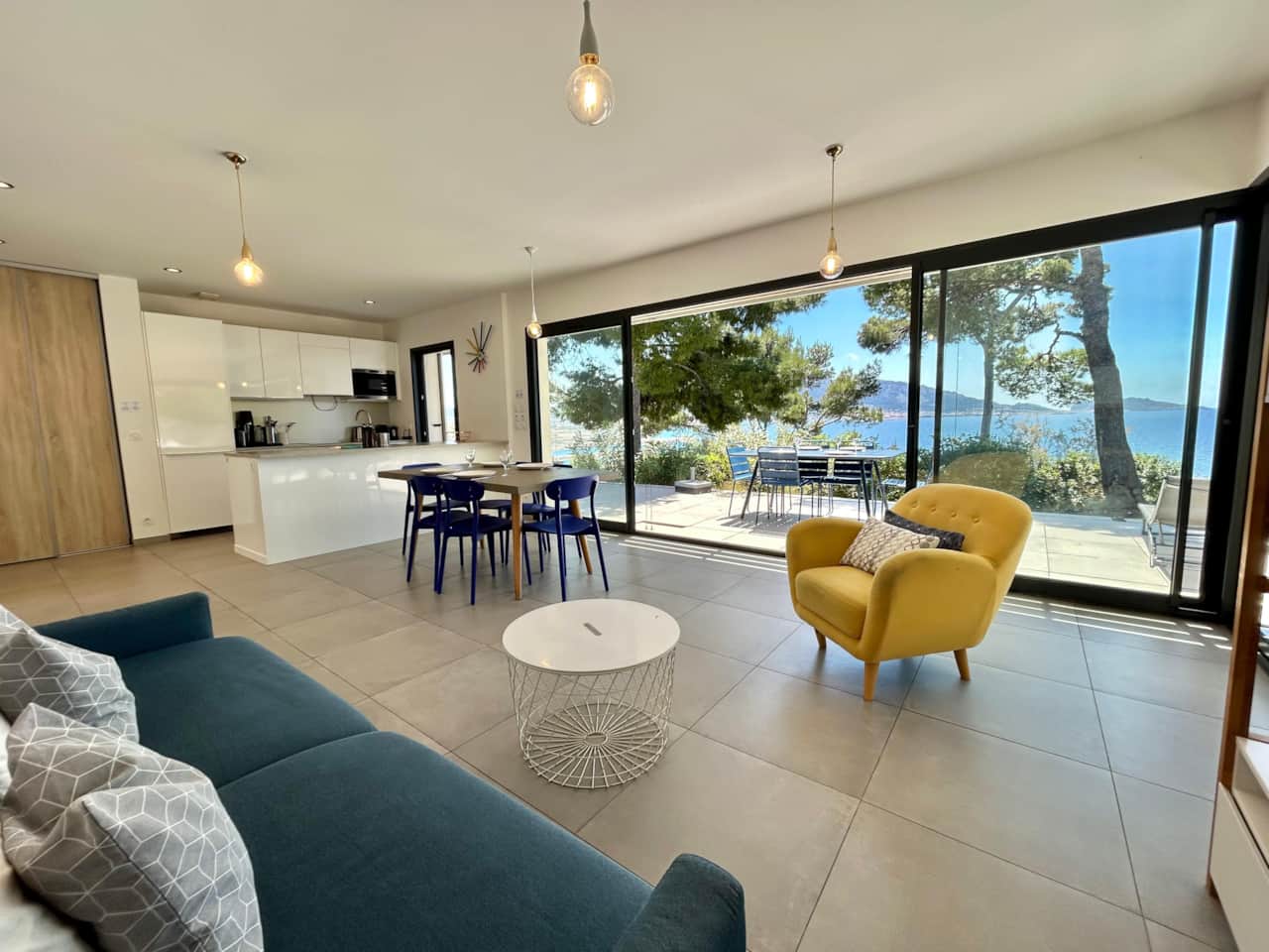 living room, table, sofa, kitchen, terrace, sea view